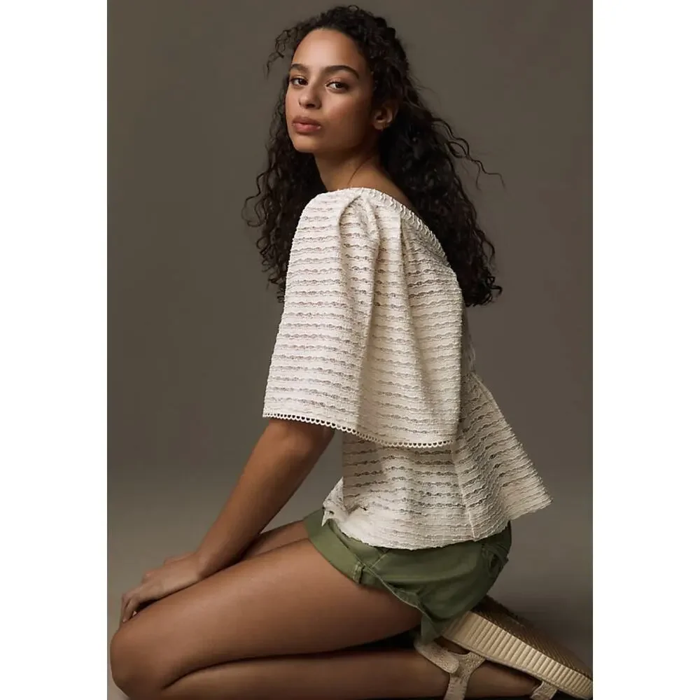 NWT $78 Anthropologie Sarah Hann Cream Flutter-Sleeve Crochet Top